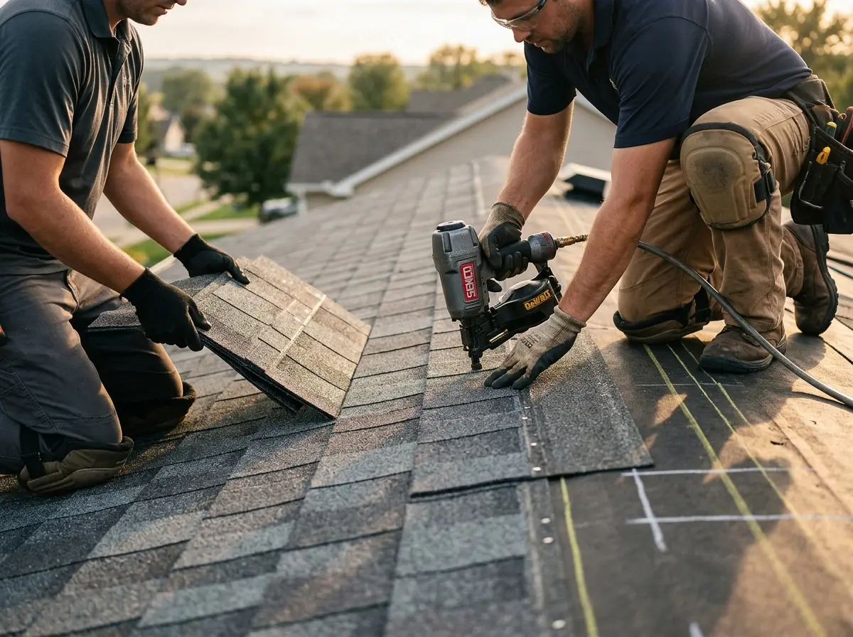 Professional roofer working on a residential roof in West Lafayette